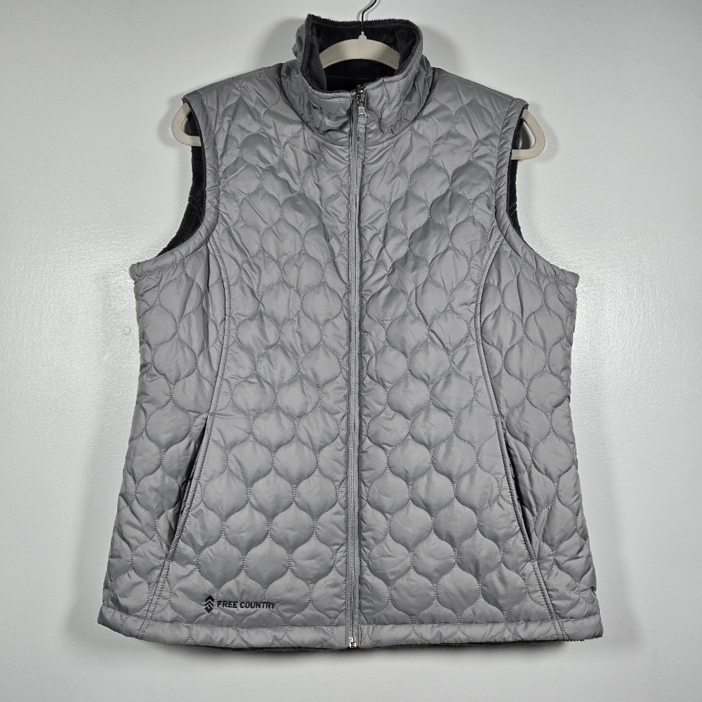 Free Country Gray Reversible Fleece Quilted Puffler Zip Front Vest Size Large